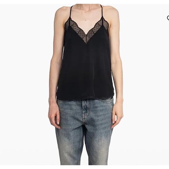 Zadig & Voltaire Deluxe Black Lace Trim Christy Silk Camisole Blouse Tank Top XS - Picture 1 of 6